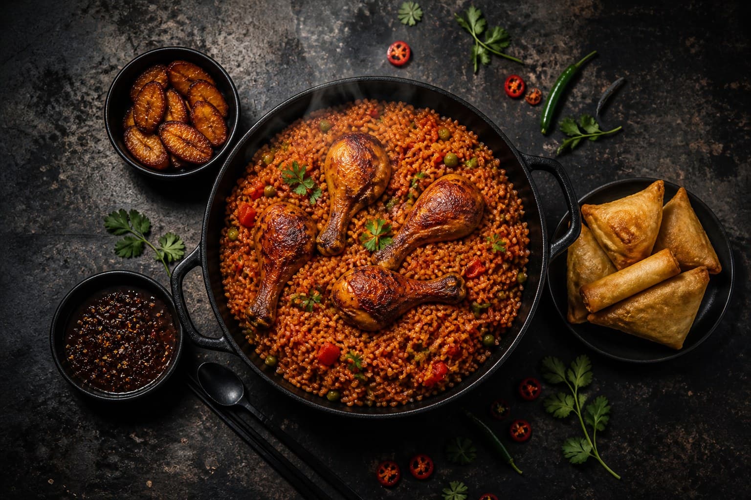Chili Haus jollof rice, roasted chicken, plantain and shito